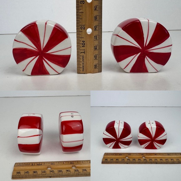 Vtg Peppermit Round Ceramic Salt and Pepper Shakers Red White Tabletop READ - Picture 3 of 10